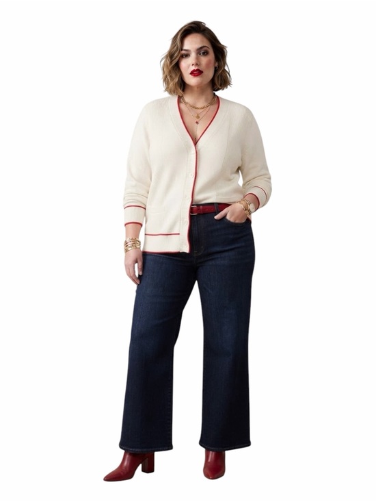 Maeve Sweaters - Maeve Anthropologie Ribbed Cream Cardigan Red Piping Varsity Preppy Size 2X